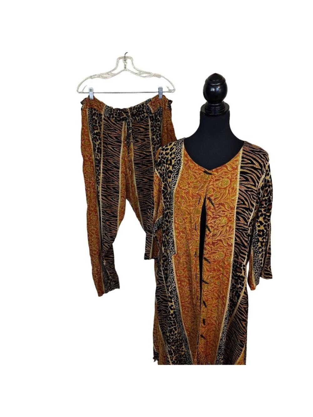 Vintage Tan Chho Tunic Dress and Pant Set Womens One Size Brown Animal Print